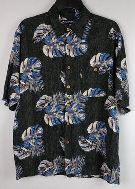 Puritan Mens M 38/40 Dark Gray Blue Leaf Hawaiian Short Sleeve Button Up Shirt